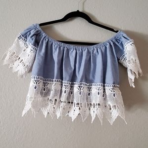 Iris Denim lace off the shoulder Crop top size small